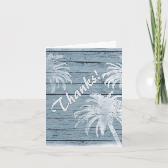 Tarjeta De Agradecimiento Palmeras sobre madera rústica ¡Gracias! Playa Grac (Anverso)
