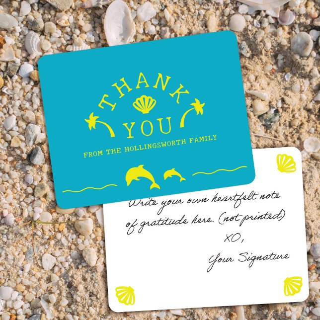 Tarjeta De Agradecimiento Palms & Dolphins Teal & Yellow Personalized (Subido por el creador)