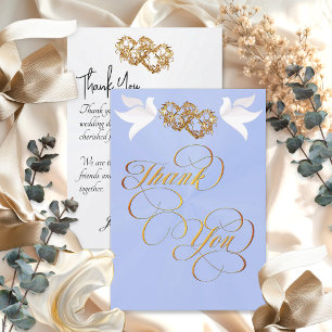 Tarjeta De Agradecimiento Palomas y Corazones - Perla Azul/Oro