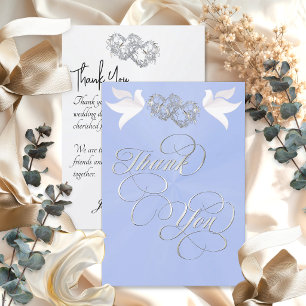 Tarjeta De Agradecimiento Palomas y Corazones - Perla Azul/Plata