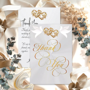 Tarjeta De Agradecimiento Palomas y Corazones - Perla Blanca/Oro