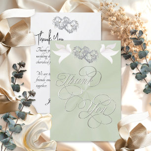 Tarjeta De Agradecimiento Palomas y Corazones - Perla Salvia/Plata