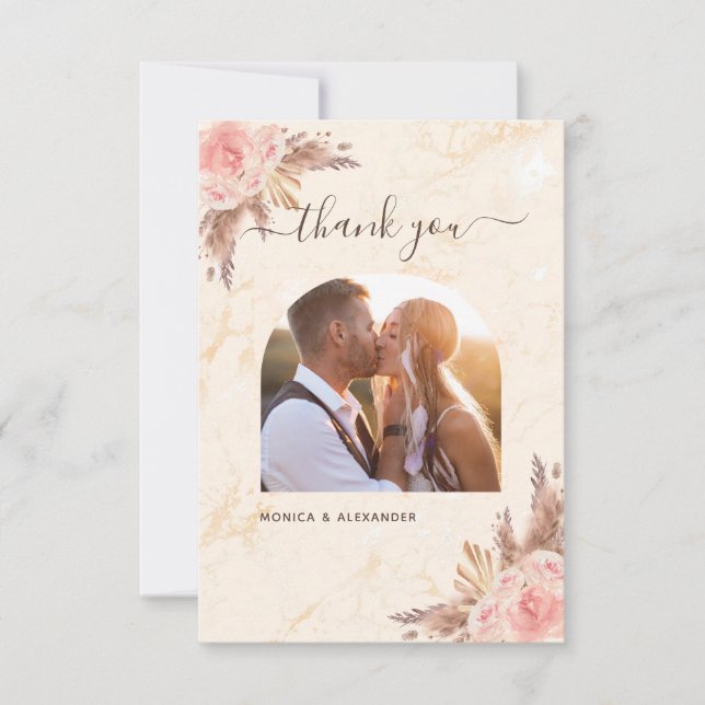 Tarjeta De Agradecimiento Pampas césped boda de foto del boho de mármol negr (Anverso)