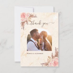 Tarjeta De Agradecimiento Pampas césped boda de foto del boho de mármol negr