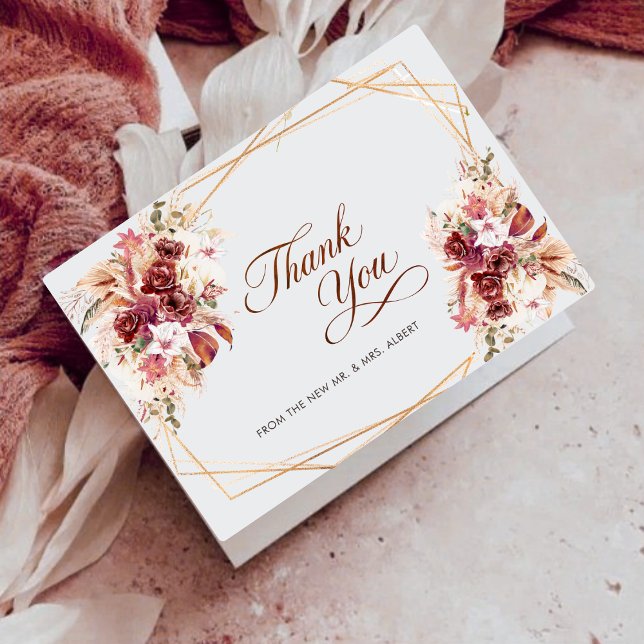 Tarjeta De Agradecimiento Pampas Gold Geometric Burgundy Floral Wedding (Subido por el creador)