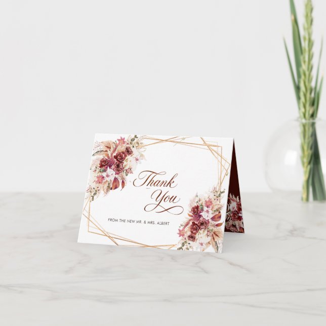 Tarjeta De Agradecimiento Pampas Gold Geometric Burgundy Floral Wedding (Anverso)