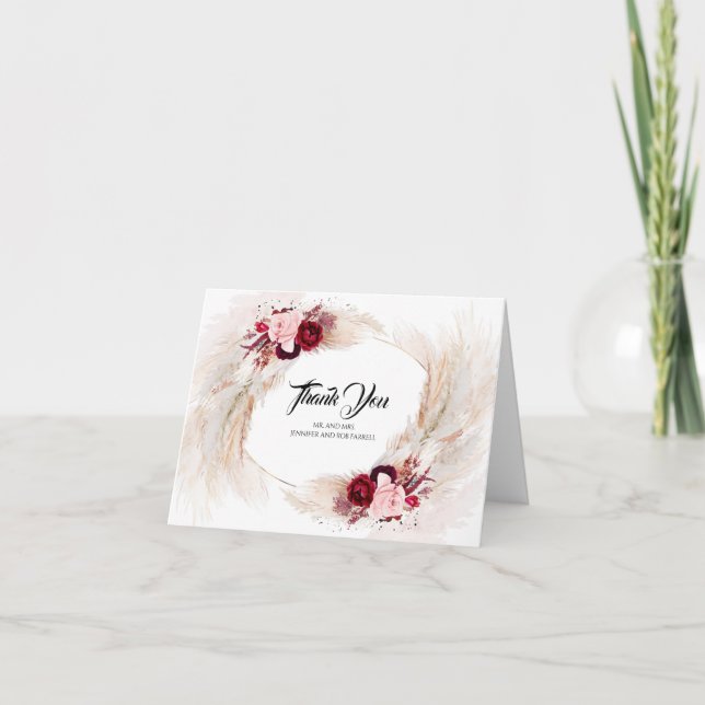 Tarjeta De Agradecimiento Pampas Grass Burgundy Boda (Anverso)