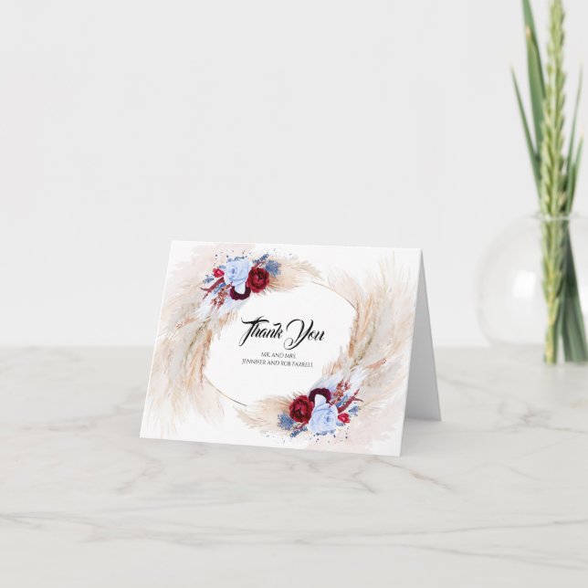 Tarjeta De Agradecimiento Pampas Grass Burgundy Dusty Blue Boda Gracias (Anverso)