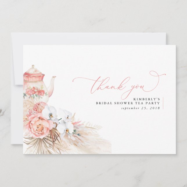Tarjeta De Agradecimiento Pampas Grass Floral Pink Bridal Shower (Anverso)