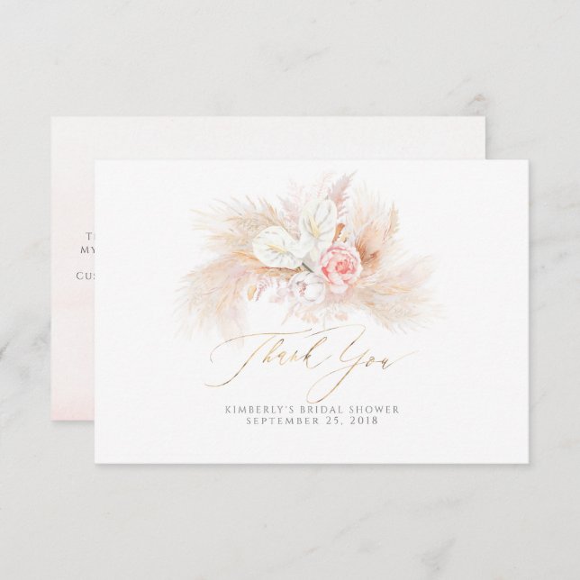 Tarjeta De Agradecimiento Pampas Grass Floral Rosa Pequeño Gracias (Anverso / Reverso)