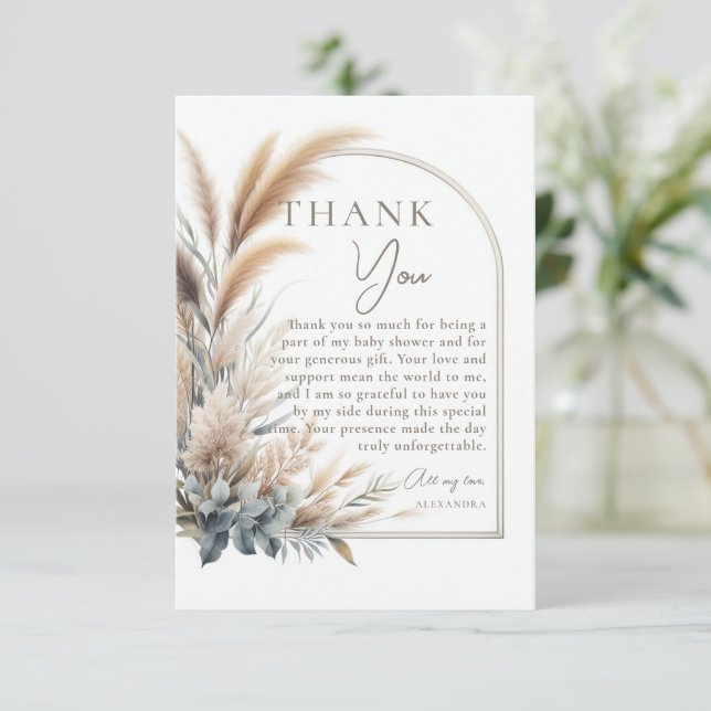 Tarjeta De Agradecimiento Pampas Grass Greenery Boho Neutral Baby Shower (Anverso de pie)