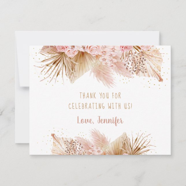 Tarjeta De Agradecimiento Pampas Grass Pink Gold Floral Baby Shower (Anverso)