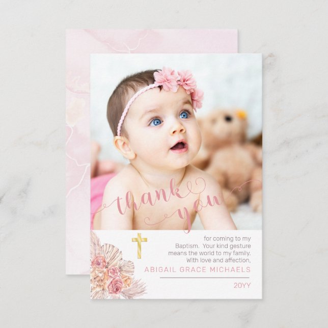 Tarjeta De Agradecimiento Pampas Grass | Rosa Blooms Baptism Photo You (Anverso / Reverso)
