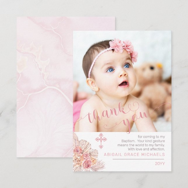 Tarjeta De Agradecimiento Pampas Grass | Rosa Blooms Baptism Photo You (Anverso / Reverso)