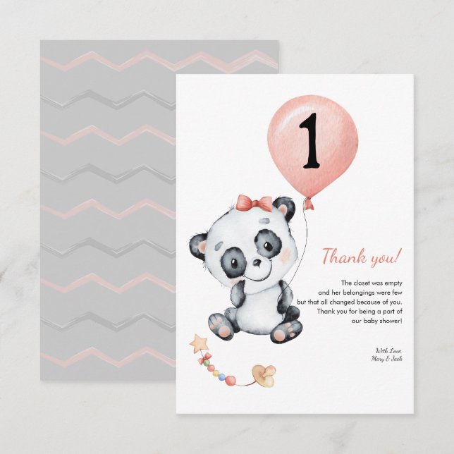 Tarjeta De Agradecimiento Panda baby Girl Primer cumpleaños Fiesta Gracias (Anverso / Reverso)