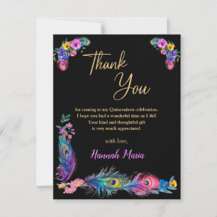 Tarjeta De Agradecimiento Pañuelas y flores de pavo real Llano negro Quincea