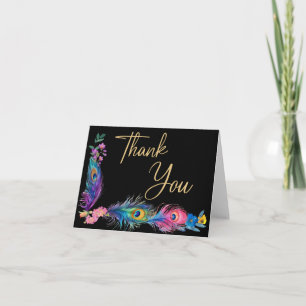 Tarjeta De Agradecimiento Pañuelos de pavo real y flores Quinceañera Negro