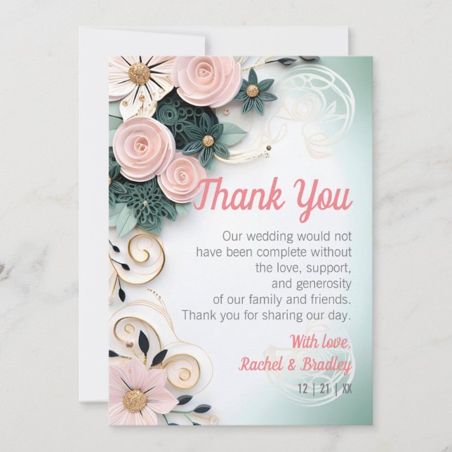 Tarjeta De Agradecimiento Papel Boda Rosa Quill Mineral Green Personalizado (Anverso)