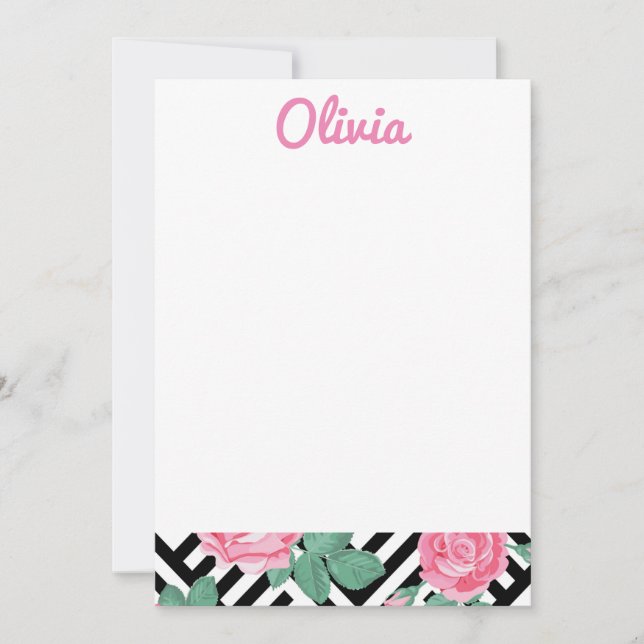 Tarjeta De Agradecimiento Papel de carta floral negro y rosa (Anverso)