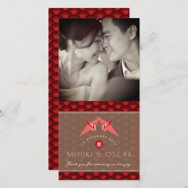 Tarjeta De Agradecimiento Papel original grúa vieiras foto Boda asiática (Anverso / Reverso)