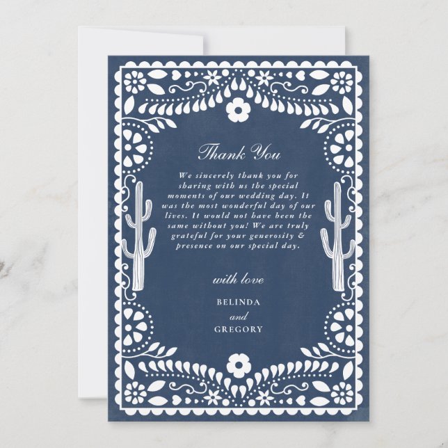 Tarjeta De Agradecimiento Papel Picado Boda Mexican Rustic Blue Wedding (Anverso)