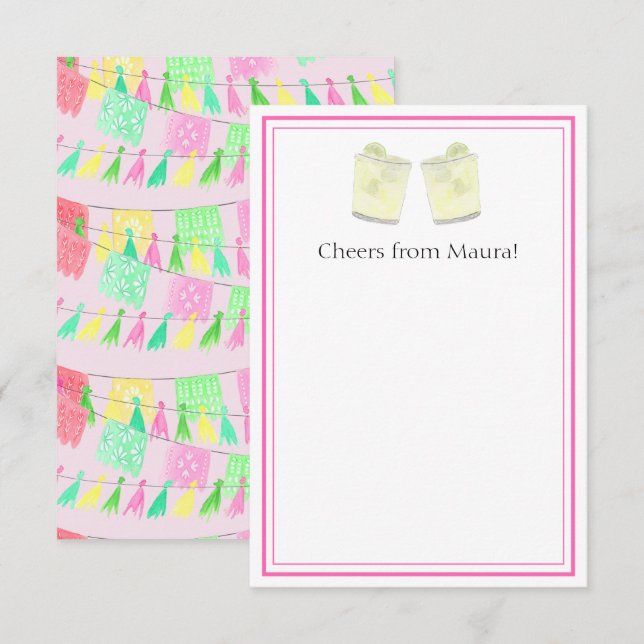 Tarjeta De Agradecimiento Papel Picado Personalizado con Borlas Rosa Verde F (Anverso / Reverso)