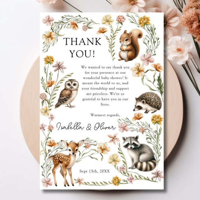 Tarjeta de agradecimiento para animales de bosque  (Woodland Forest Animals Baby Shower Thank You Card)