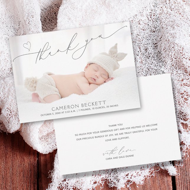 Tarjeta de agradecimiento para anuncio de nacimien (Baby photo birth announcement flat thank you cards with your message on the back.)