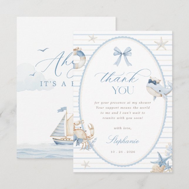 Tarjeta de agradecimiento para baby shower Ahoy It (Anverso / Reverso)
