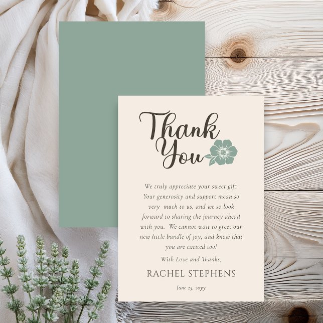 Tarjeta de agradecimiento para baby shower botánic (Elegant botanical baby shower thank you card with sage green floral accent on neutral background)
