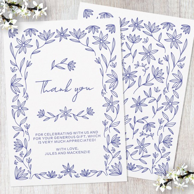 Tarjeta de agradecimiento para baby shower de flor (Modern Mediterranean blue and white floral line art wildflower arch baby shower thank you card)