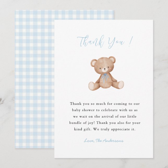 Tarjeta de agradecimiento para baby shower de oso  (Anverso / Reverso)