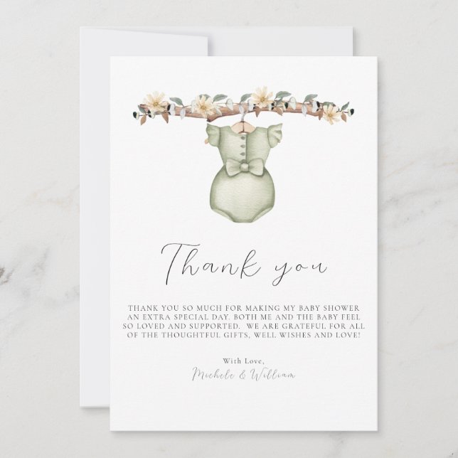 Tarjeta de agradecimiento para baby shower de ropa (Anverso)
