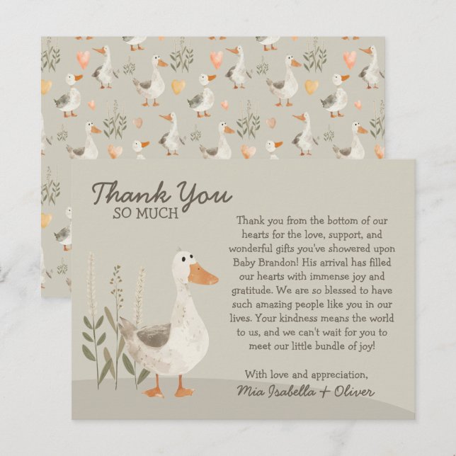 Tarjeta de agradecimiento para baby shower - Ganso (Anverso / Reverso)