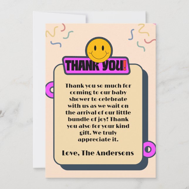 Tarjeta de agradecimiento para baby shower retro (Anverso)