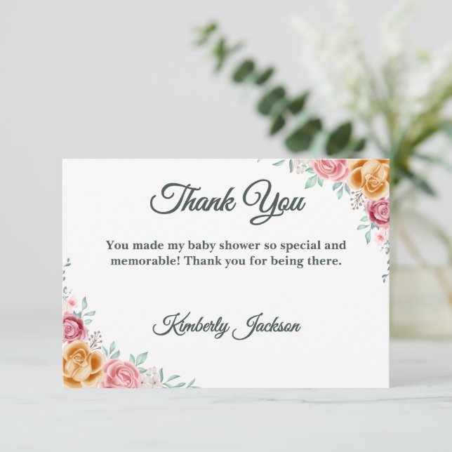 Tarjeta de agradecimiento para baby shower Rosa Do (Anverso de pie)