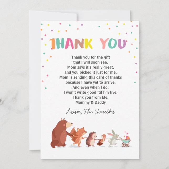 Tarjeta de agradecimiento para Baby Shower Woodlan (Anverso)