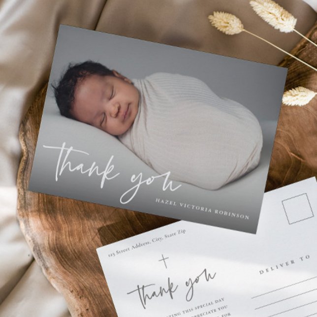 Tarjeta de agradecimiento para bautizo religioso c (Simple modern script baby photo baptism thank you postcard.)