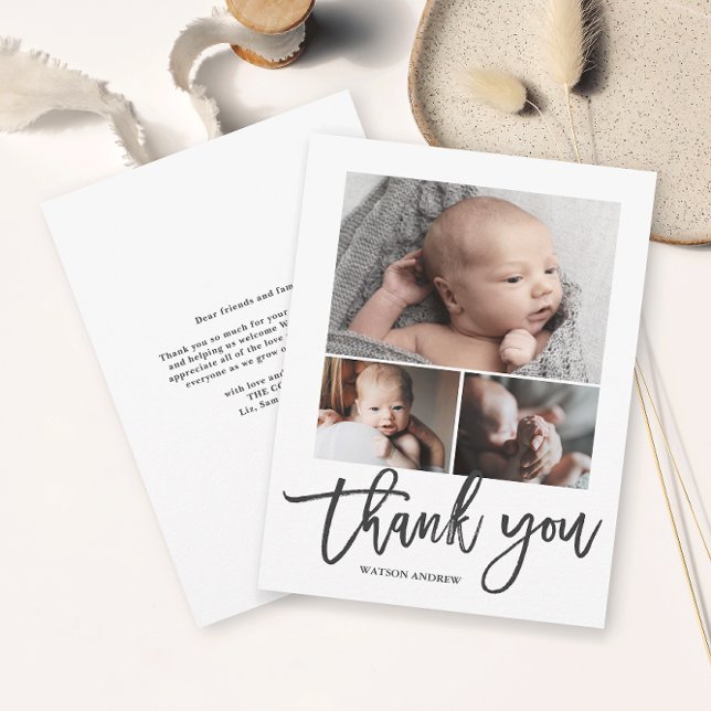 Tarjeta de agradecimiento para bebé con 3 fotos ma (Simple photo collage baby thank you card with modern script thank you.)