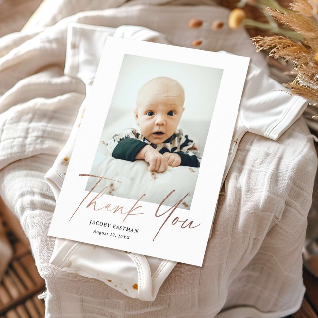 Tarjeta de agradecimiento para bebé con foto y gui (Elegant rose gold budget baby photo thank you card.)