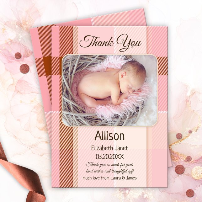 Tarjeta de agradecimiento para bebé con leche rosa (Baby Thank You card with a photo of your own baby girl on a pink pastel with chocolate plaid)