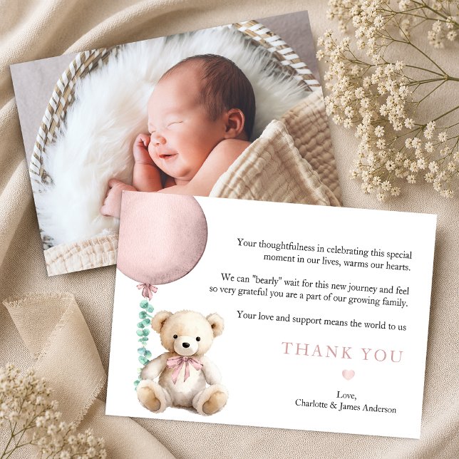 Tarjeta de agradecimiento para bebé de osito rosa  (Pink Thank You Card)