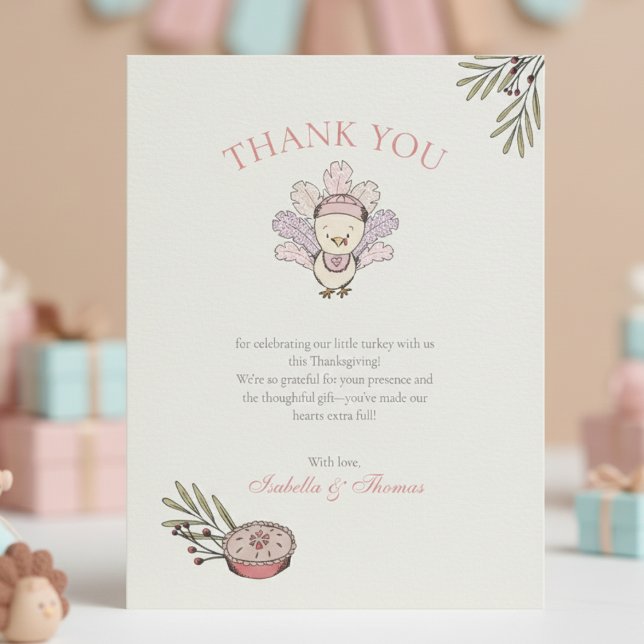 Tarjeta de agradecimiento para bebé niña pavo pequ (Fall Little Turkey Thank You Cards. Cute Gingham Feathers Thankful Baby Shower or Thanksgiving Cards)
