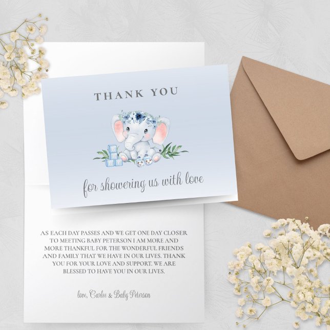 Tarjeta de agradecimiento para Blue Floral Elephan (Blue Baby Boy Elephant Baby Shower Thank You Card Personalized)