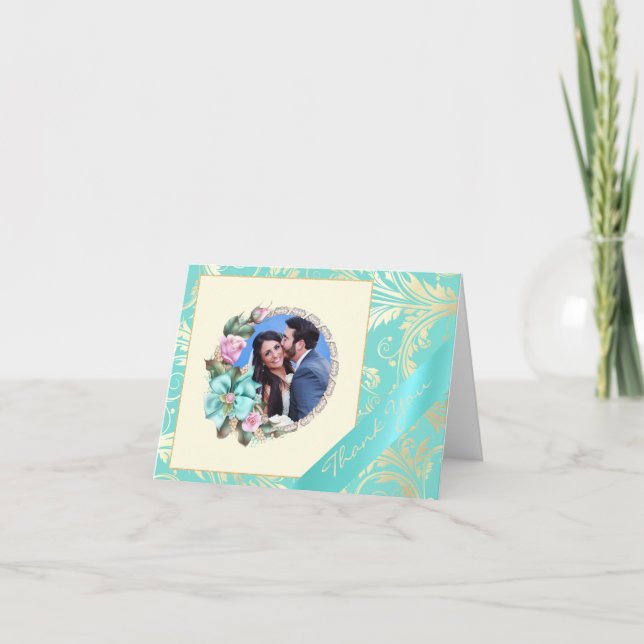 Tarjeta de agradecimiento para Boda de fotos verde (Anverso)