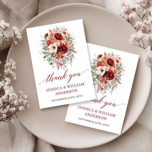 Tarjeta de agradecimiento para boda de otoño flora (Floral Burgundy Autumn Wedding Thank You Card Design

)