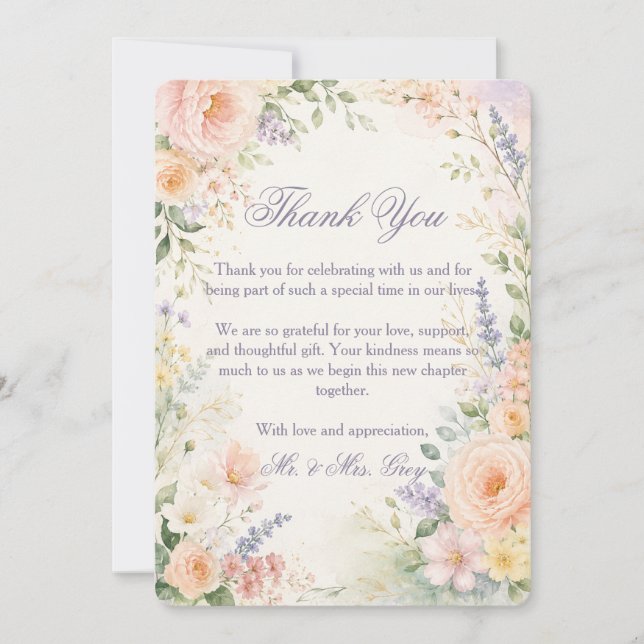 Tarjeta de agradecimiento para boda en jardín de p (Anverso)