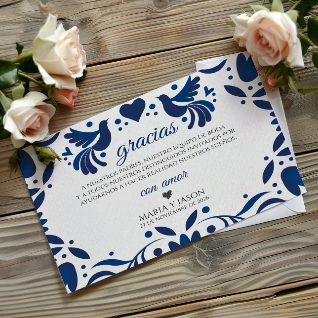 Tarjeta de agradecimiento para boda española elega (Otomi Blue Floral Elegant Fiesta Spanish Wedding Thank You Card)
