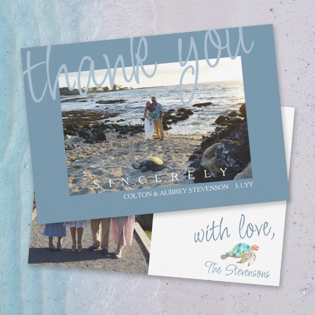 Tarjeta de agradecimiento para Boda Gris Azul (blue gray, light blue wedding thank you card with blue sea turtle, watercolor tropical beach)