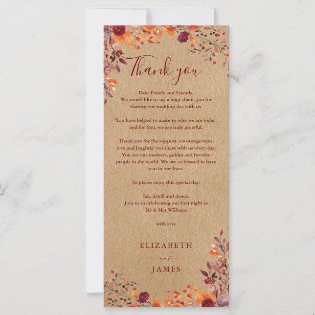 Tarjeta de agradecimiento para boda otoñal rústica (Anverso)